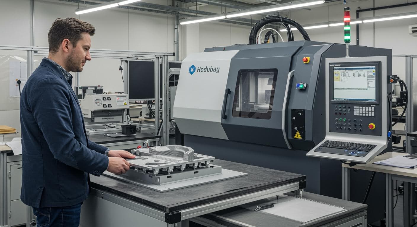 Visuelle Darstellung eines hybriden Fertigungsprozesses, kombiniert 3D-Druck mit traditionellen Methoden, fokussiert auf das Equipment und das Werkstück.