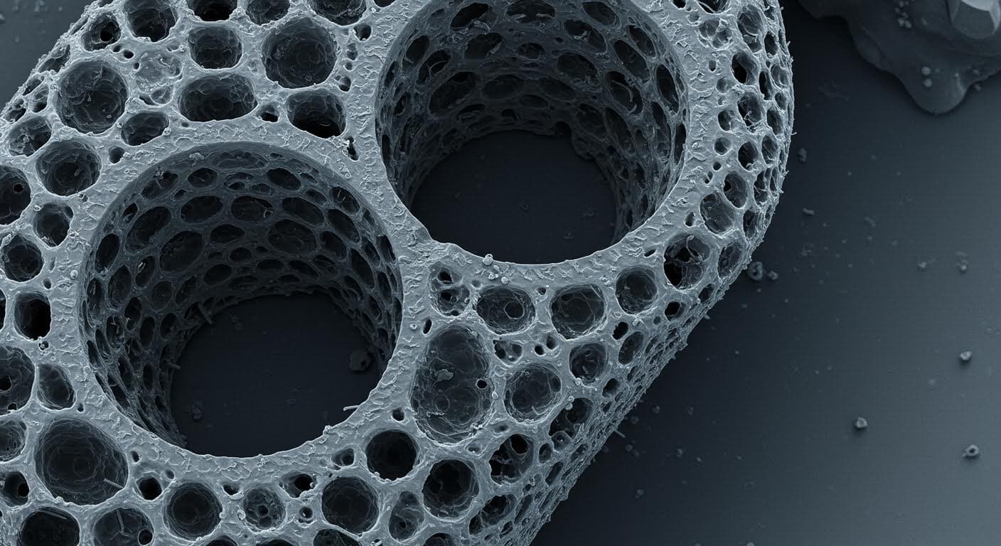 Microscopic view of a porous structure in a 3D-printed component, focusing on material texture and details