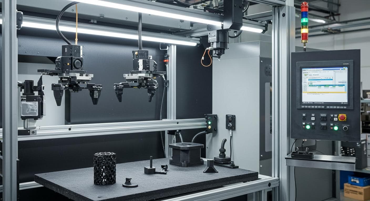 Industrial manufacturing environment with various 3D-printed tools and grippers integrated into machinery