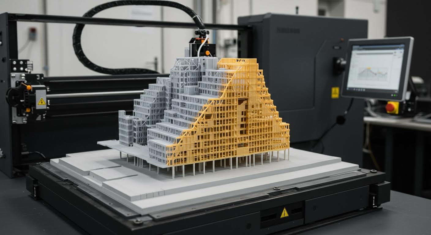 Hochauflösendes Foto eines 3D-gedruckten Architekturmodells in Maßstab 1:20, zeigend detaillierte Gebäudestrukturen und Oberflächen