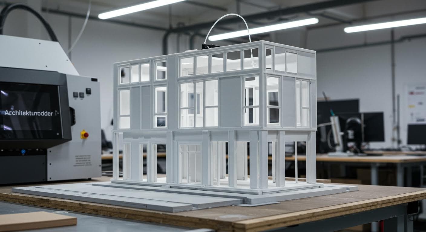 Nahaufnahme eines additiv gefertigten Modells mit feinen Details wie Fenstern und Türen, in professioneller Industriefotografie