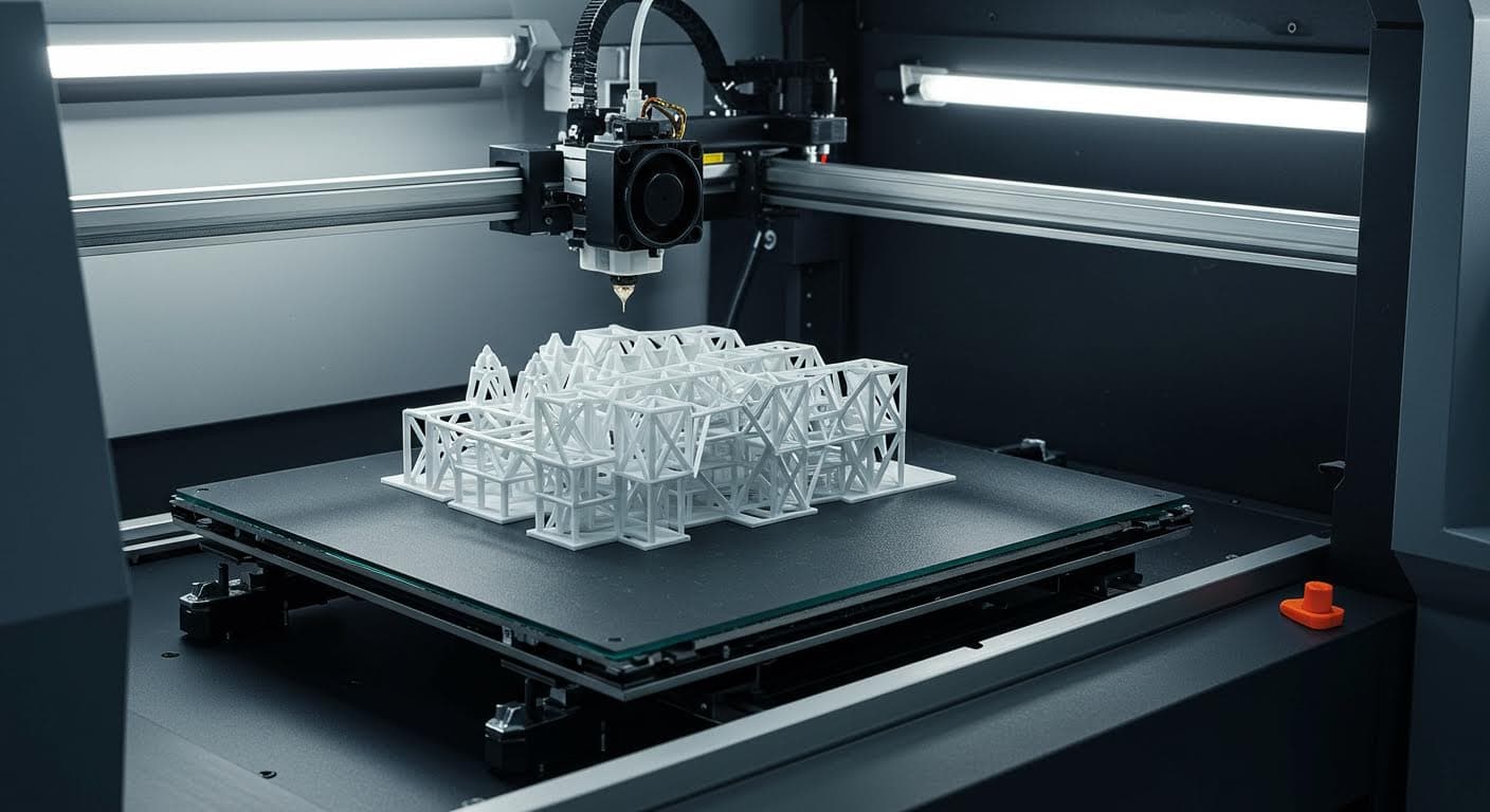 Bild eines 3D-Druckers im Betrieb, der ein komplexes Architekturmodell schichtet, in hoher Auflösung