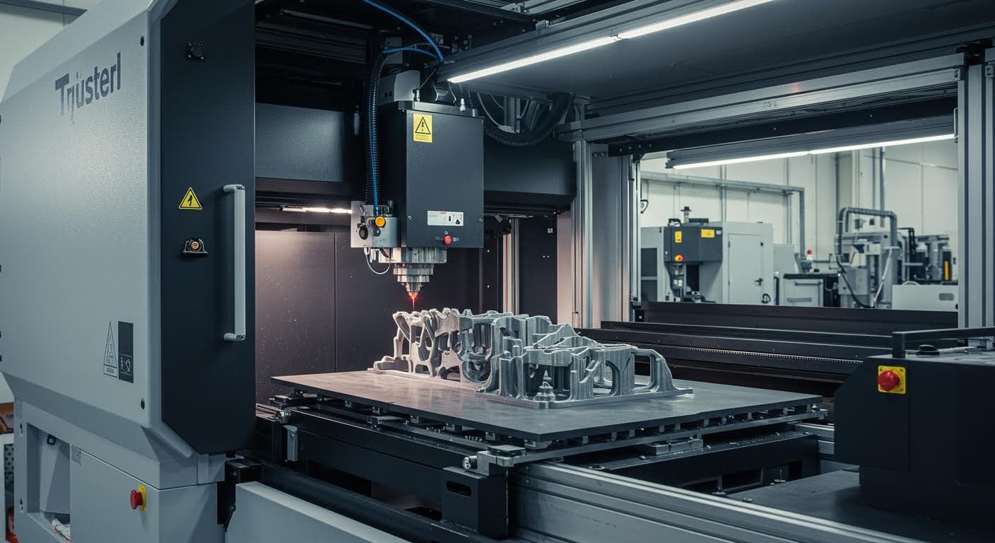Hochauflösendes Foto eines SLS-3D-Druckers im Betrieb, der ein komplexes Kunststoffteil schichtweise aufbaut, in industrieller Umgebung mit Metallrahmen und Laserlicht.
