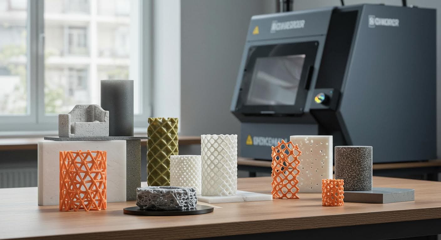 Darstellung verschiedener Materialien für 3D-Druck, wie Kunststoffe und Hölzer, arrangiert in einer magazin-tauglichen Komposition