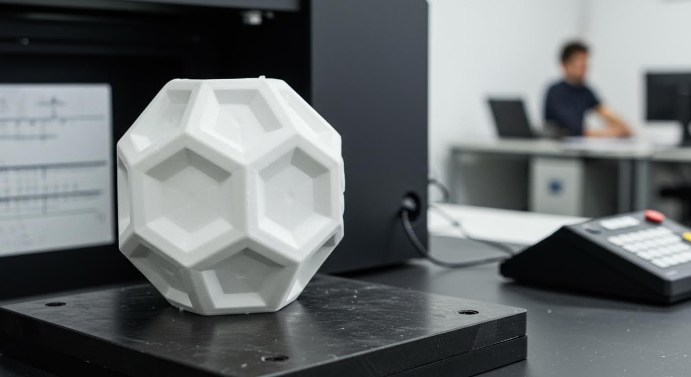 Detailaufnahme eines additiv gefertigten Prototypen aus weißem Kunststoff mit intrigierten Geometrien, isoliert auf neutralem Hintergrund.