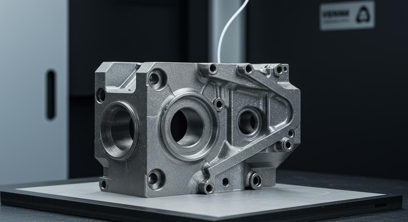 Komplexes Metallteil hergestellt durch DMLS, glänzende Oberfläche mit feinen Strukturen, professionell beleuchtet in Studioqualität.