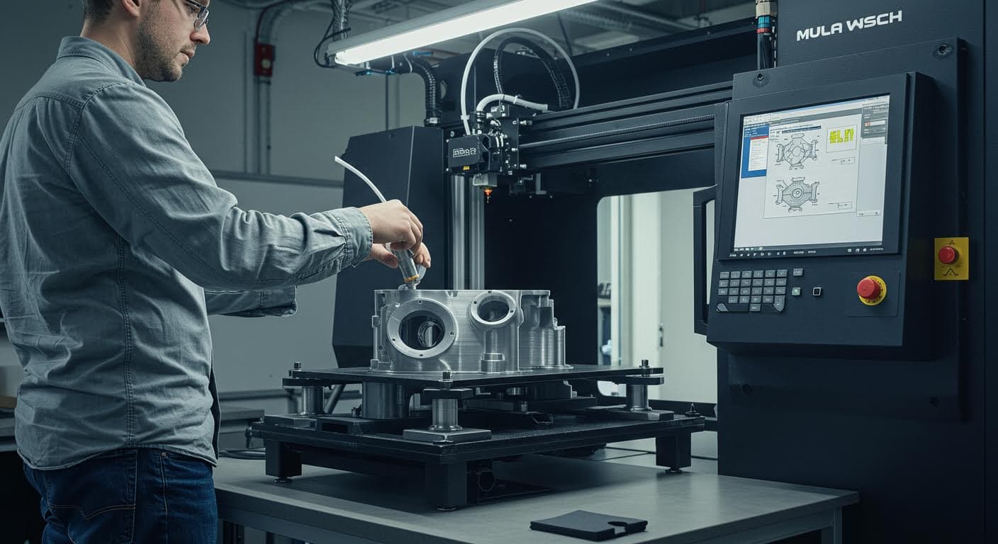 3D-Drucker mit FDM-Verfahren bei der Produktion eines großen Bauteils, sichtbare Filamentzufuhr und Druckkopf in Aktion.