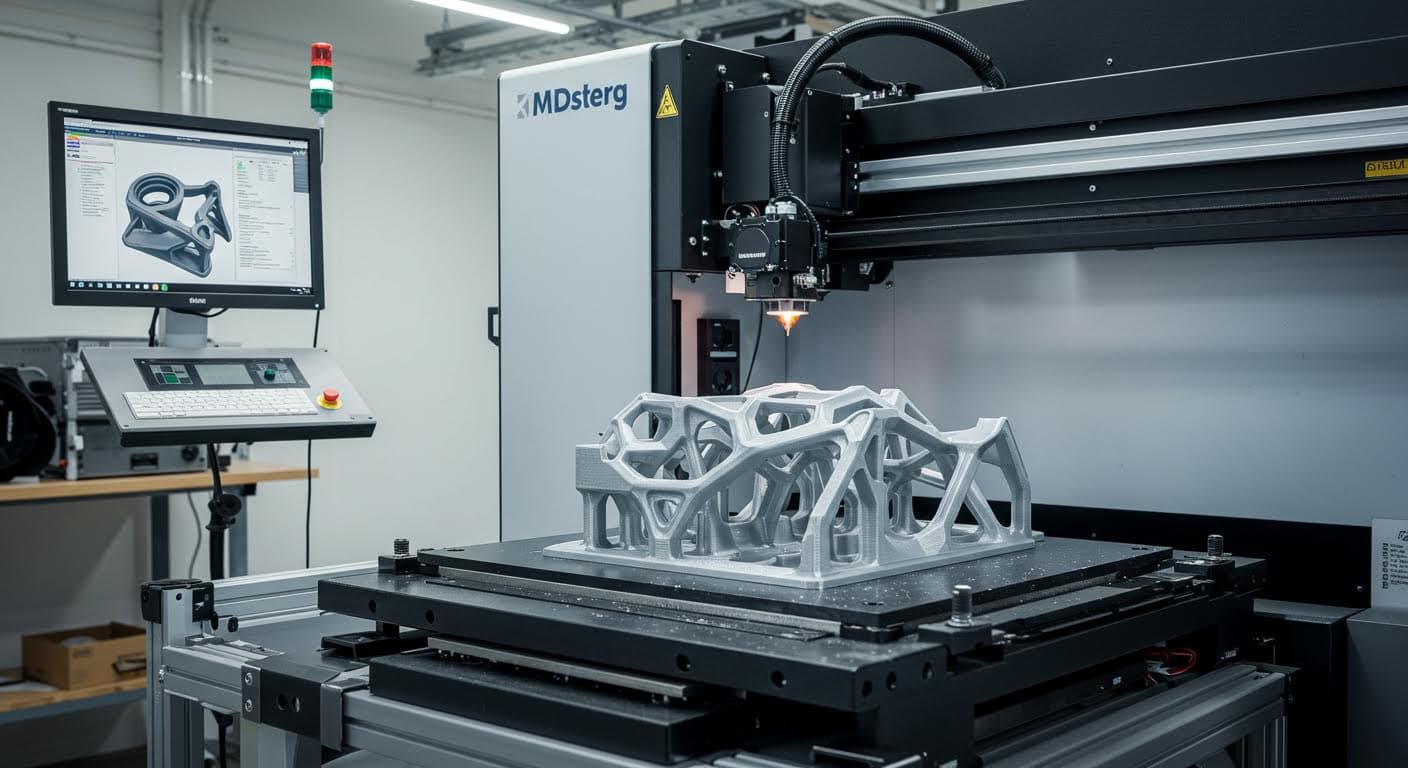 Hochauflösendes Foto eines industriellen 3D-Druckers beim schichtweisen Aufbau eines komplexen Kunststoffteils in einer Fabrikumgebung, reiner visueller Fokus auf die Technologie