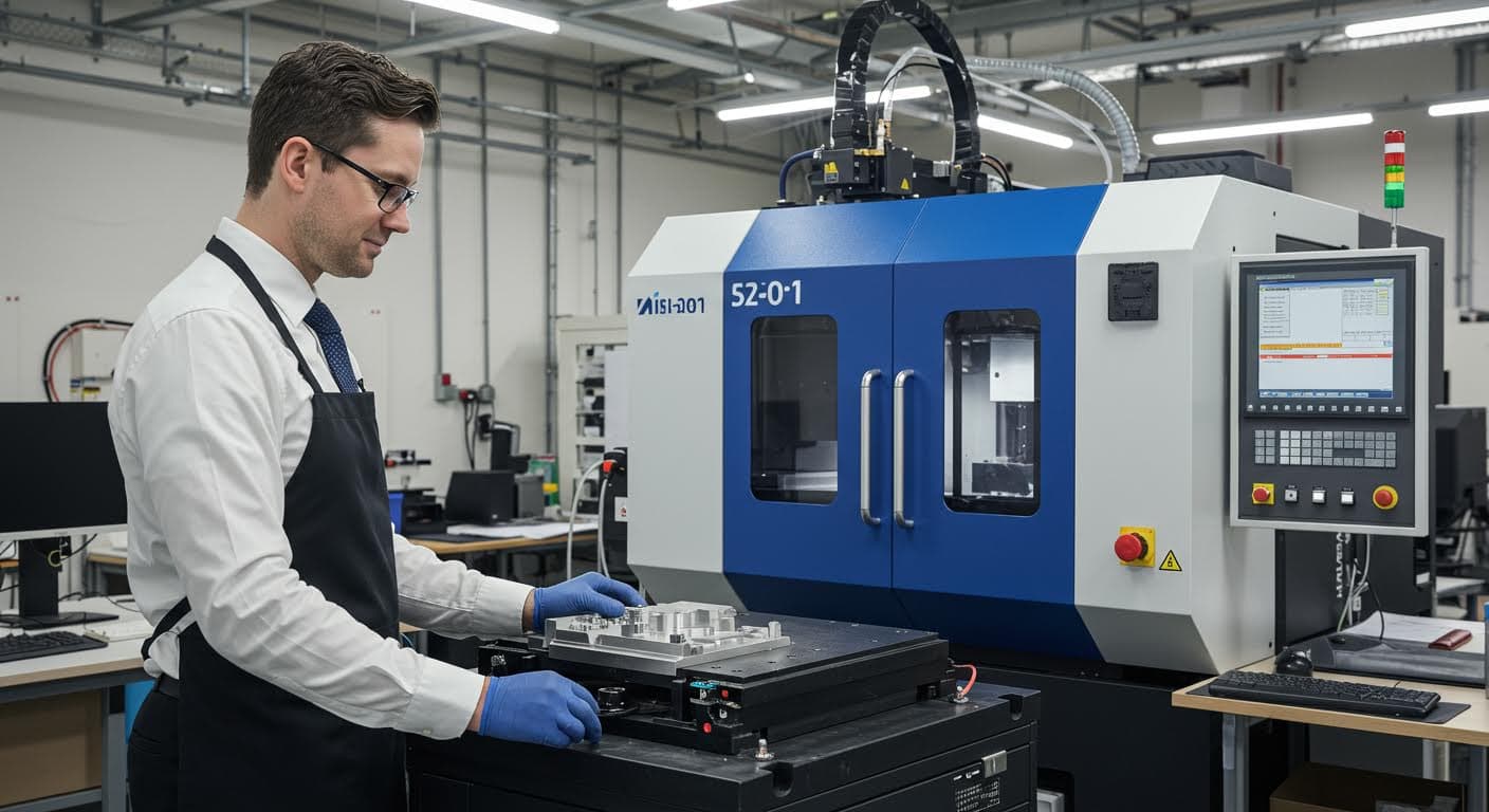 Professionelle Aufnahme eines Selective Laser Sintering Systems, das Pulvermaterial verarbeitet, mit Betonung auf Präzision und Maschinendetails, ohne jegliche Beschriftungen