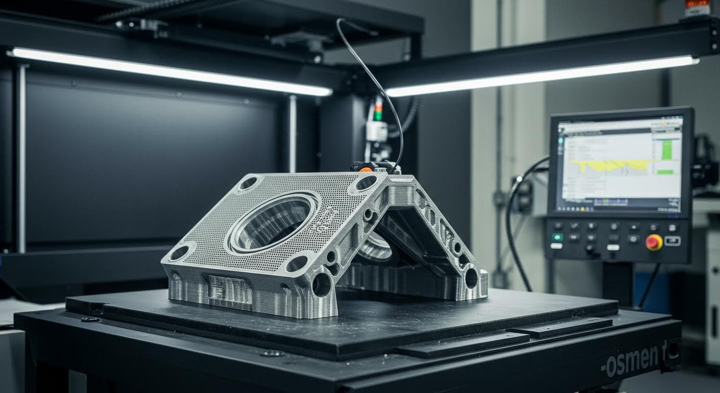 Nahaufnahme eines fertig gedruckten Metallteils aus Kleinstserie, glänzende Oberfläche in industrieller Beleuchtung, reine Produktpräsentation