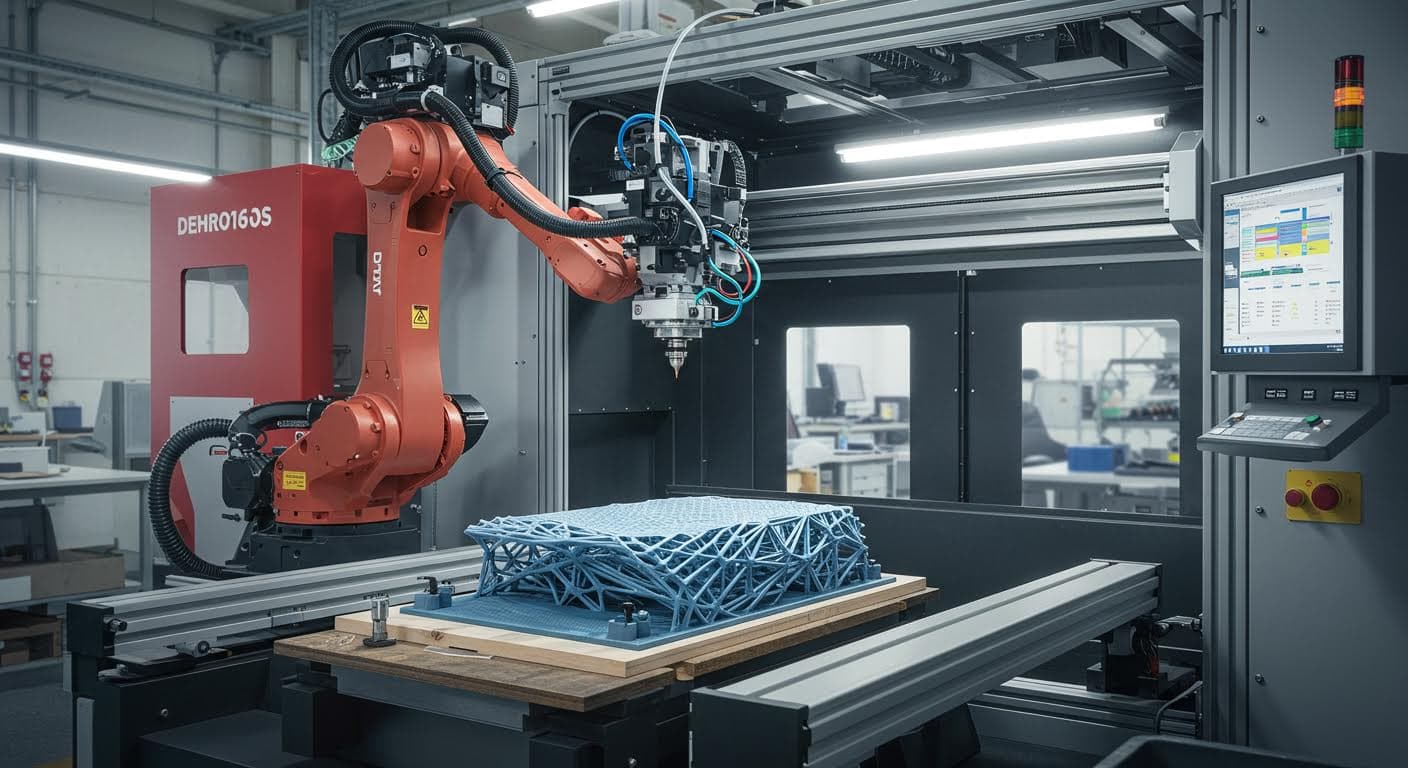 Robotergestützter 3D-Druckprozess in Aktion, Arm druckt eine große Struktur, Fokus auf Bewegung und Technik, magazinqualität