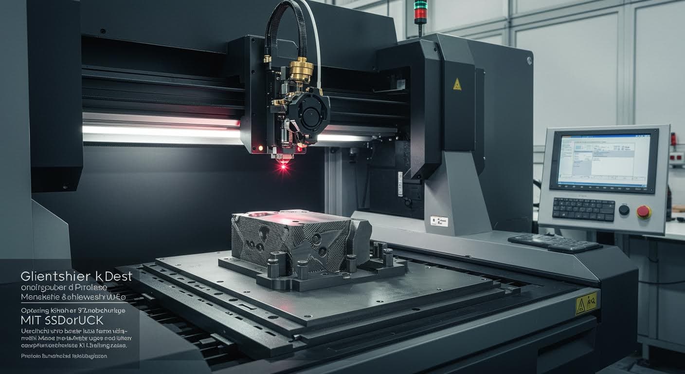KI-gesteuerter Laserdrucker beim Formen eines Metallobjekts, multispektrale Elemente sichtbar, professionelle Industriefotografie