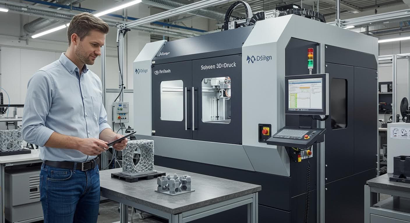 Zukunftsweisende additive Fertigungsanlage mit nachhaltigen Materialien, visuelle Darstellung von Robotik und Integration, hochauflösend
