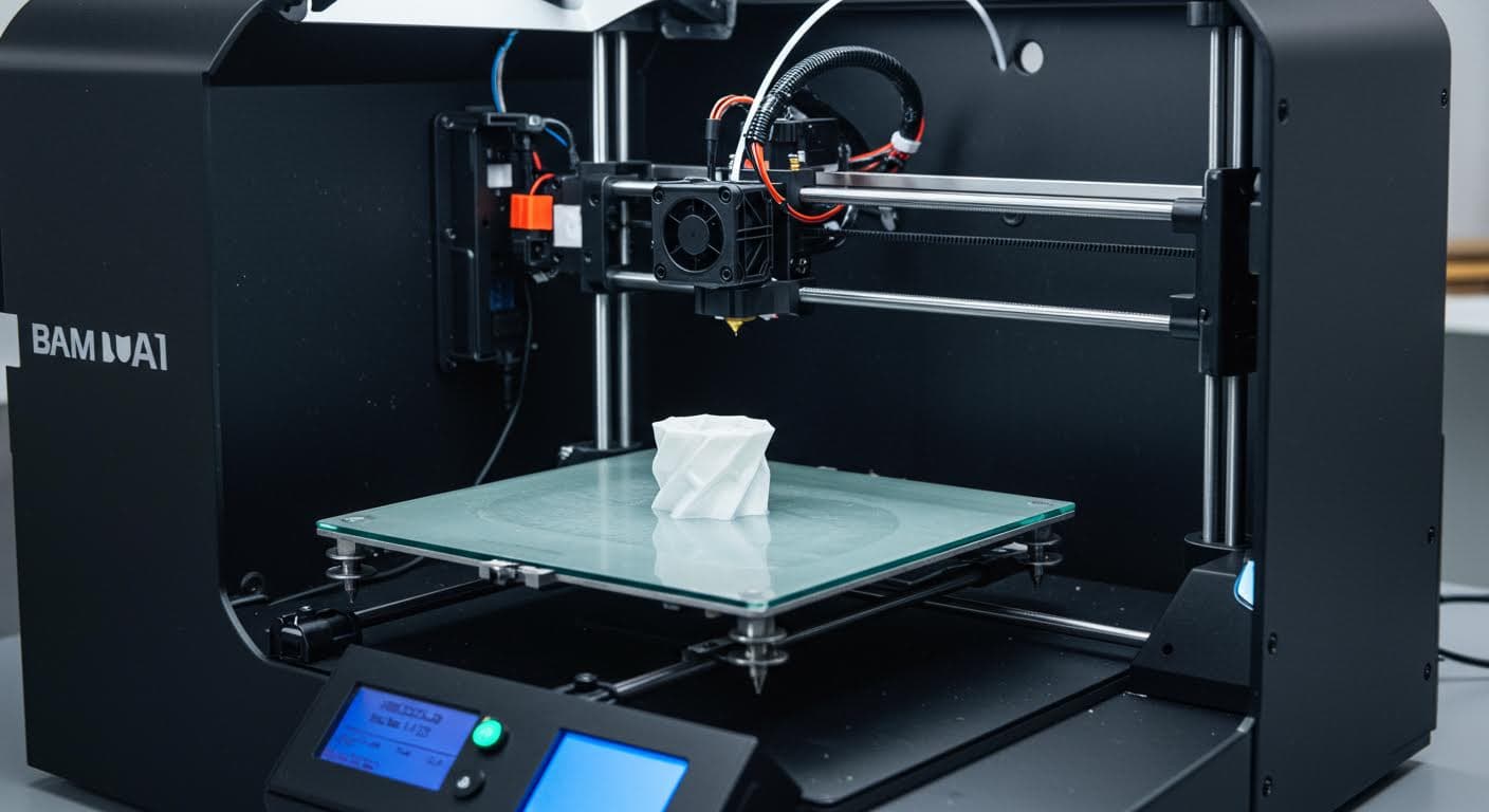 A high-resolution photo of a Bambu A1 3D printer in operation, showing the extrusion head moving over the build plate with PLA filament being printed, no text or labels.
