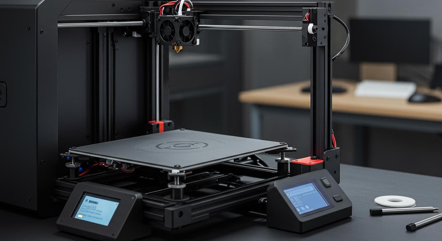 Professional image of the unboxing and assembly process of a desktop 3D printer, focusing on components like the bed and nozzle, purely visual.