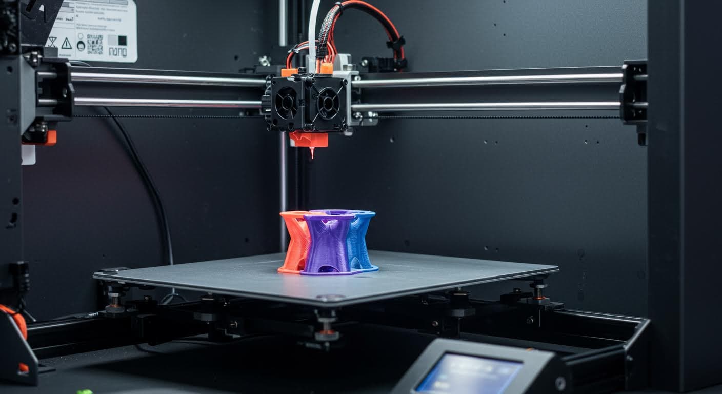 Industrial photography of the Bambu A1 printer during a multi-color print, emphasizing the mechanical movements and filament paths without text.