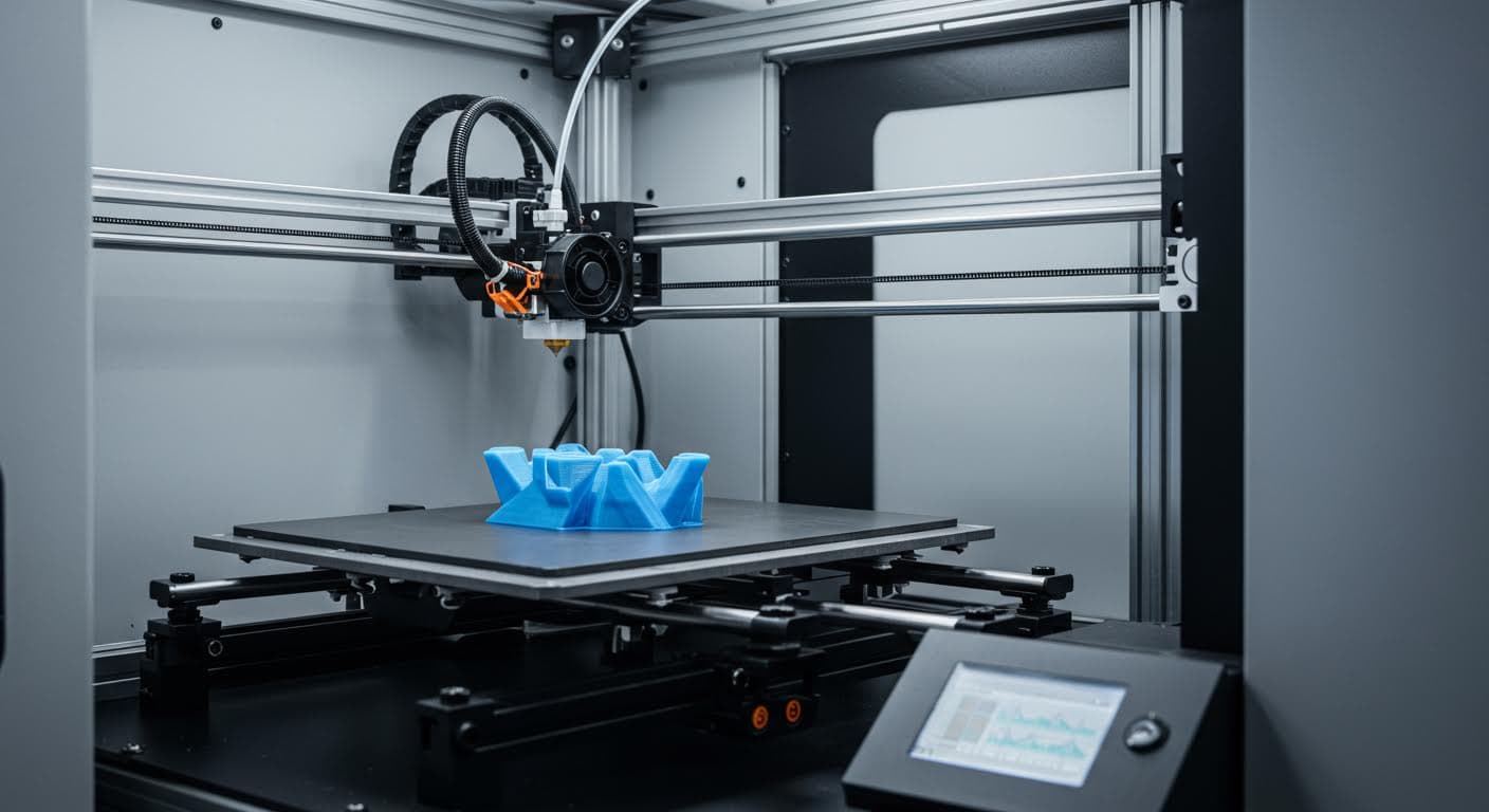 High-resolution photo of a 3D printer in operation, showing the printing head depositing material on a build plate, industrial setting, no text.