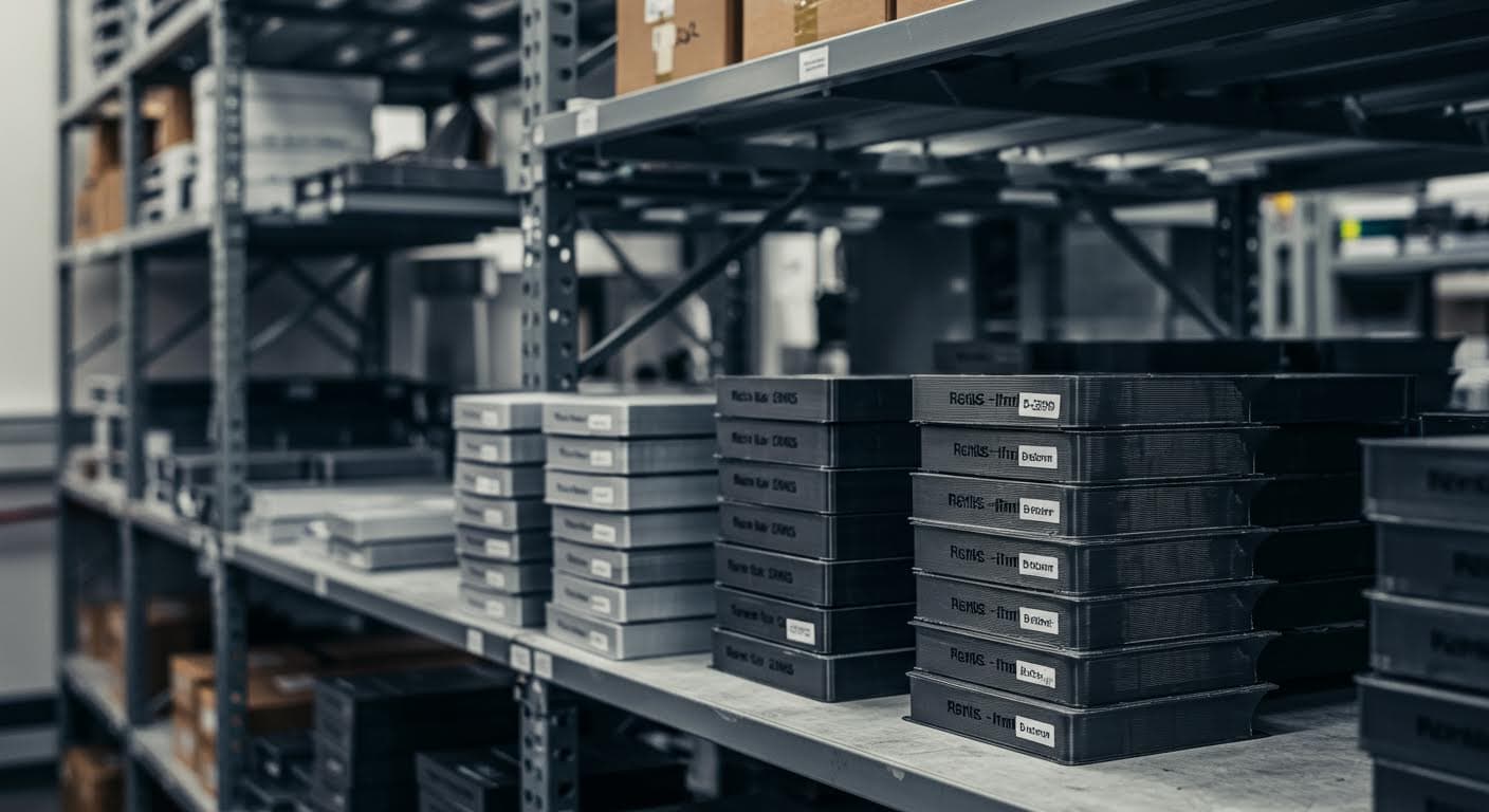Professional image of stacked 3D-printed prototypes in a warehouse, focusing on material textures and lighting, no labels.