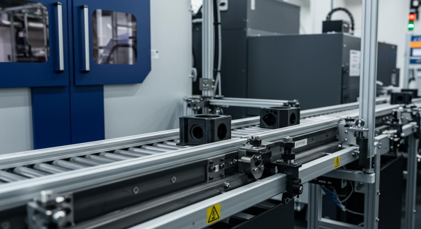 Close-up of a logistics conveyor belt transporting 3D-printed parts, modern factory environment, pure visual.