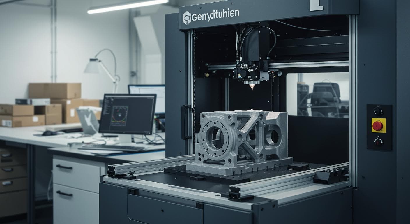 Hochauflösendes Foto eines 3D-Druckers in Aktion, der ein komplexes Bauteil fertigt, professionelle Industriefotografie ohne jegliche Schrift