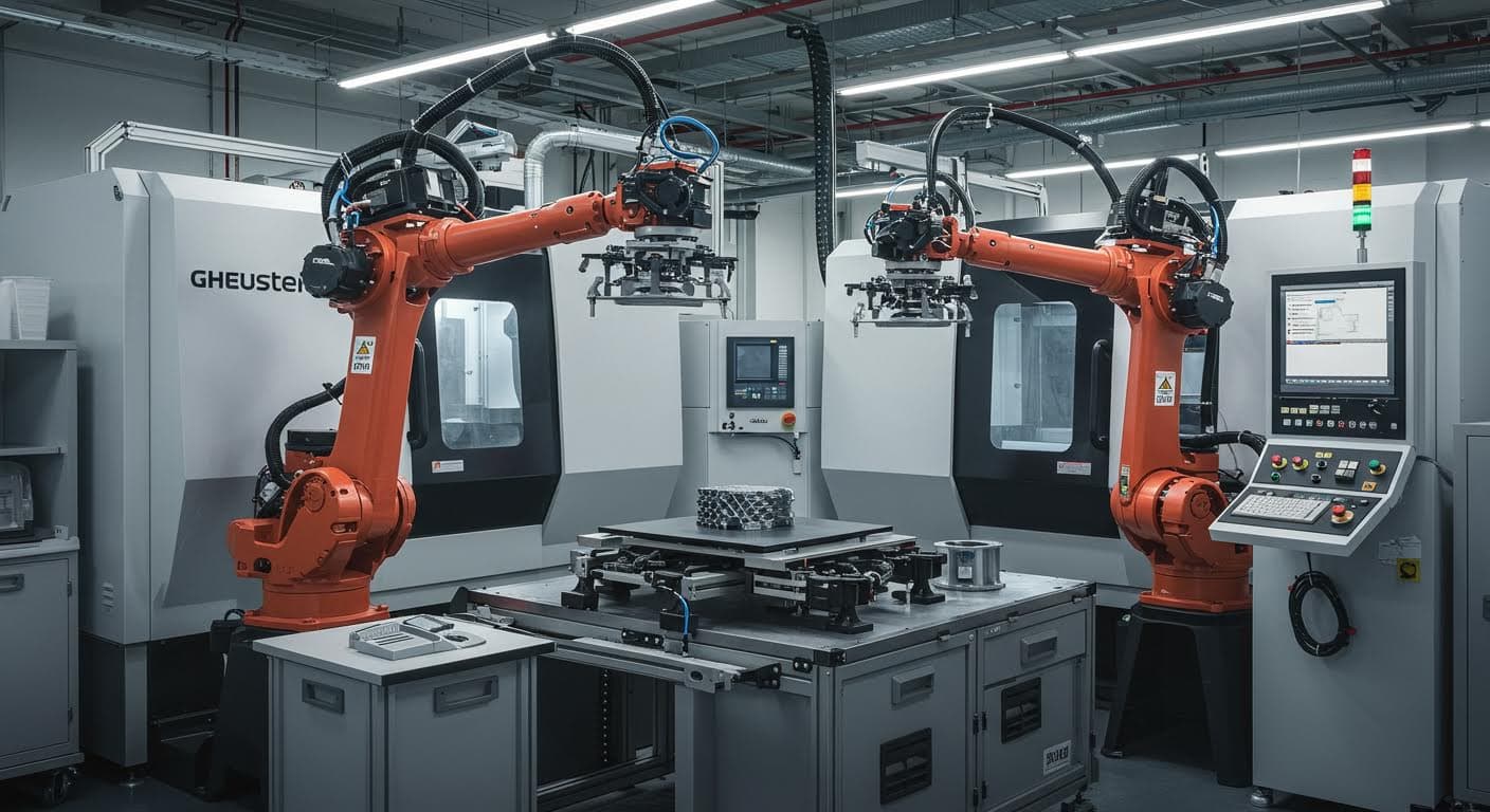Industrial scene with automated robots handling 3D-printing processes, high-tech machinery, no inscriptions.