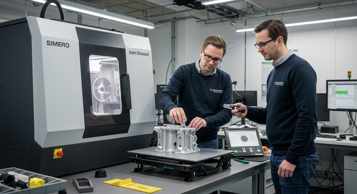 Industriefotografie eines Teams bei der Inspektion eines gedruckten Prototypen, hochauflösend und magazin-tauglich