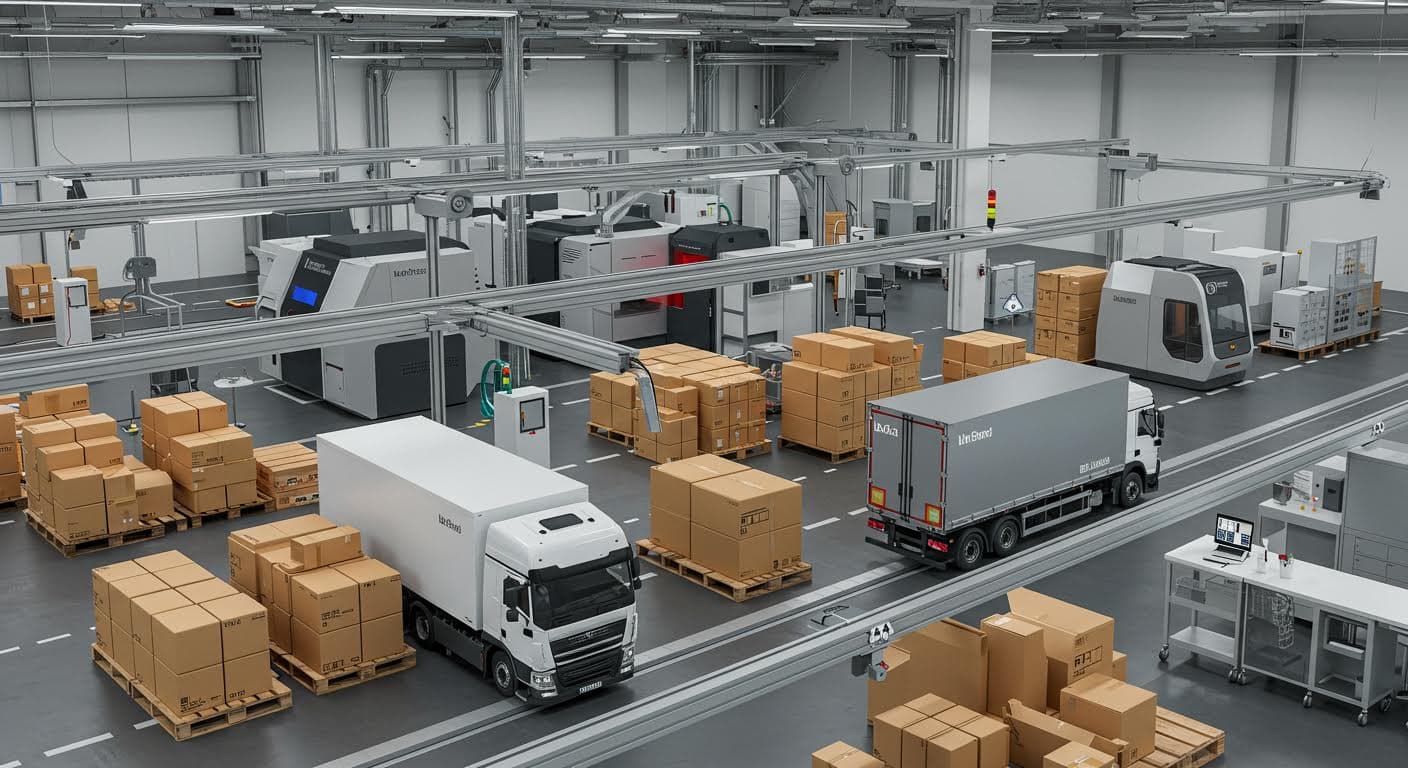 Visualization of a supply chain network with trucks and packages, emphasizing speed and efficiency, no text elements.