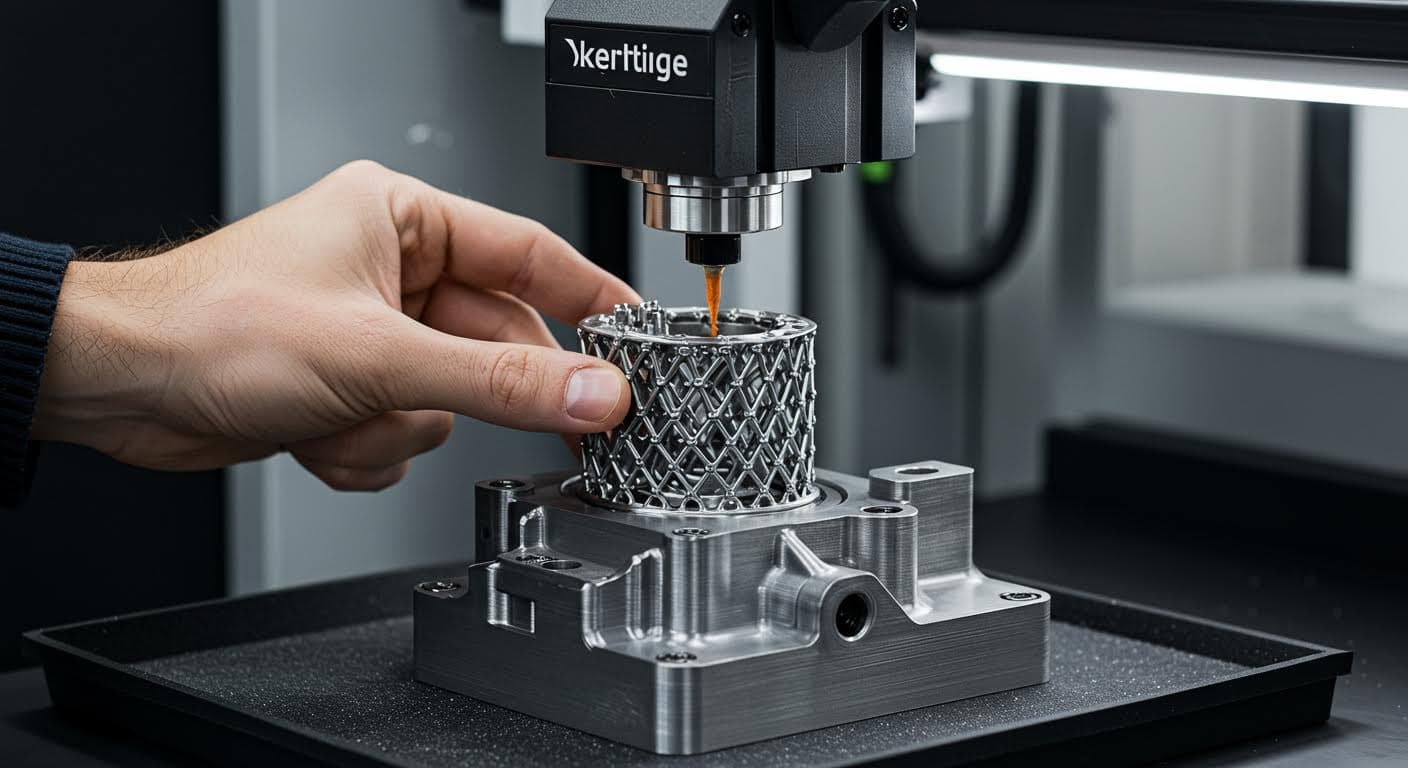 Detailed shot of a finished 3D-printed component being inspected, metallic surfaces and precision details, magazine quality.