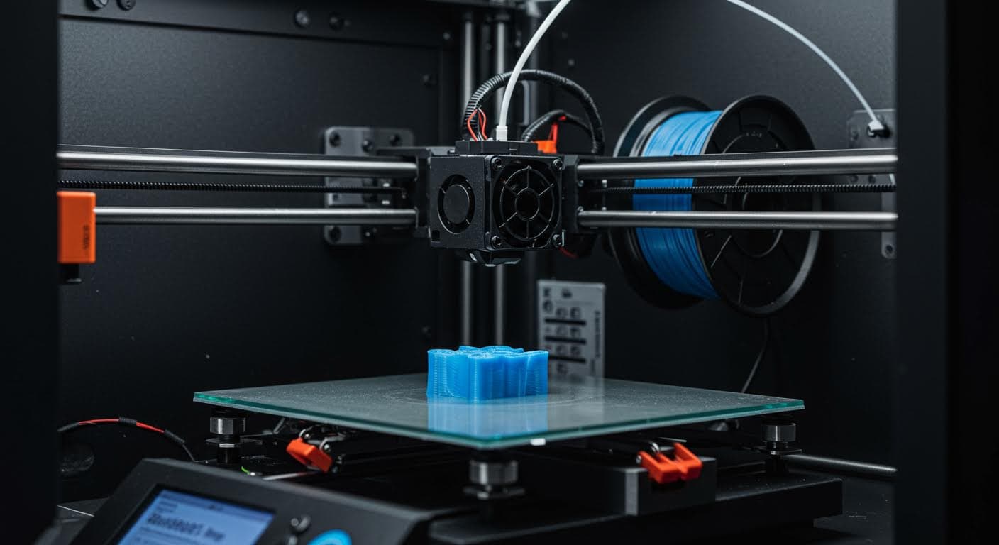 Hochauflösendes Foto eines Bambu X1 3D-Druckers in Betrieb, fokussiert auf den Druckkopf und das Filament, professionelle Industriefotografie ohne jegliche Text oder Labels