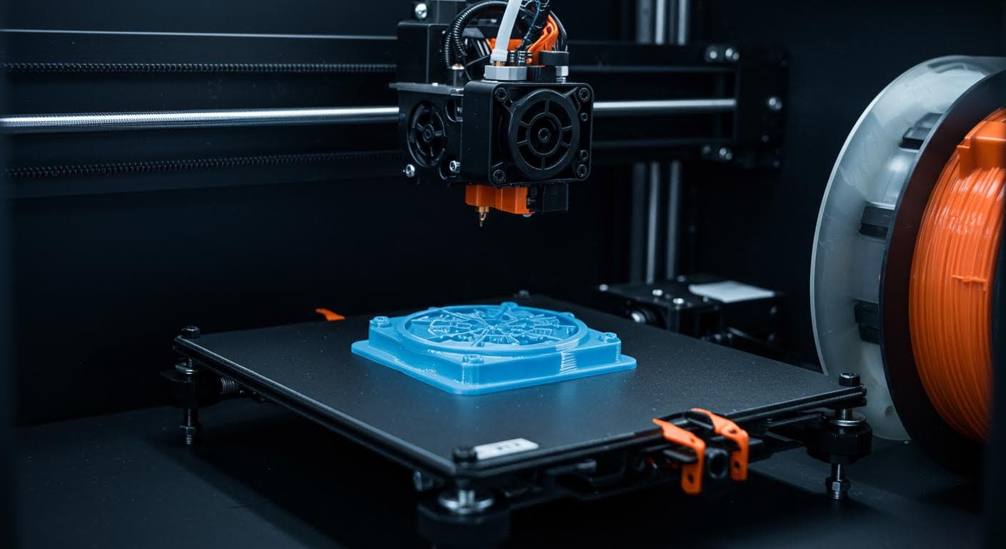 Detailansicht eines extrudierten PLA-Filaments auf dem Druckbett, reine visuelle Darstellung der Materialfluss, magazin-taugliche Qualität ohne Schriften