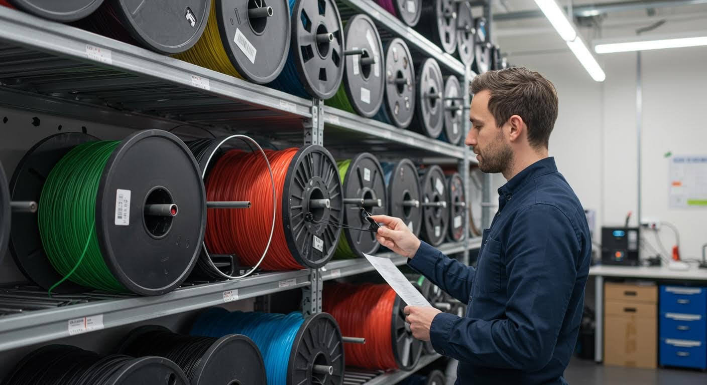 Visuelle Darstellung von PLA-Filamentrollen in einem Lager, professionell beleuchtet, reine Produktpräsentation ohne jegliche Schrift
