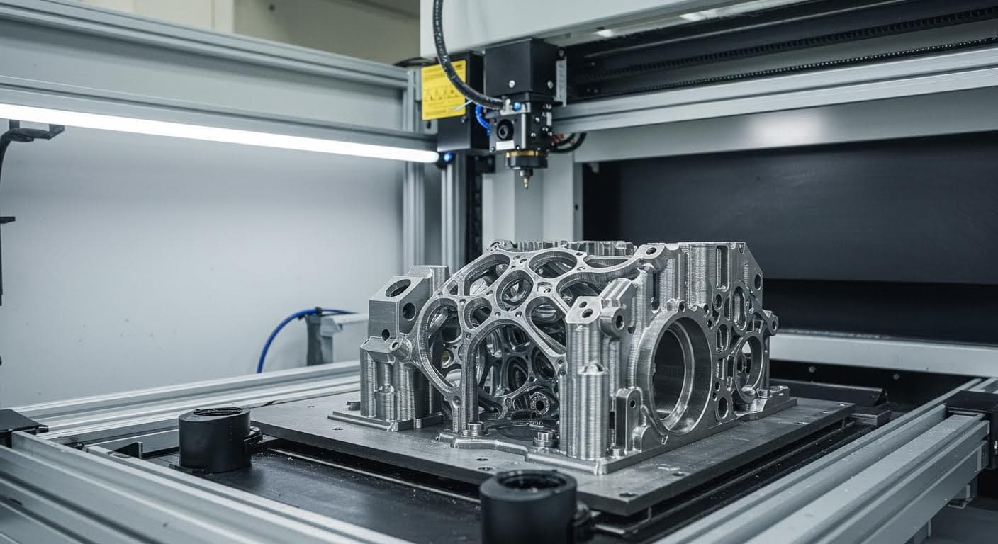 Hochauflösendes Foto eines industriellen 3D-Druckers, der ein komplexes Metallteil fertigt, mit Fokus auf die Schicht-für-Schicht-Aufbauweise, in einem modernen Fabrikumfeld, ohne jegliche Text oder Labels.