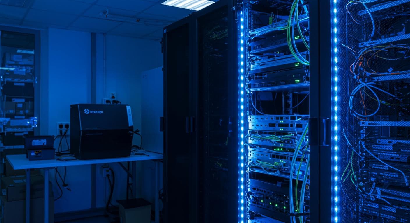 Professionelle Aufnahme von sicheren Server-Racks in einem Datencenter, mit blauen LED-Lichtern und Verkabelung, symbolisierend Cloud-Sicherheit, reine visuelle Technologie-Darstellung.