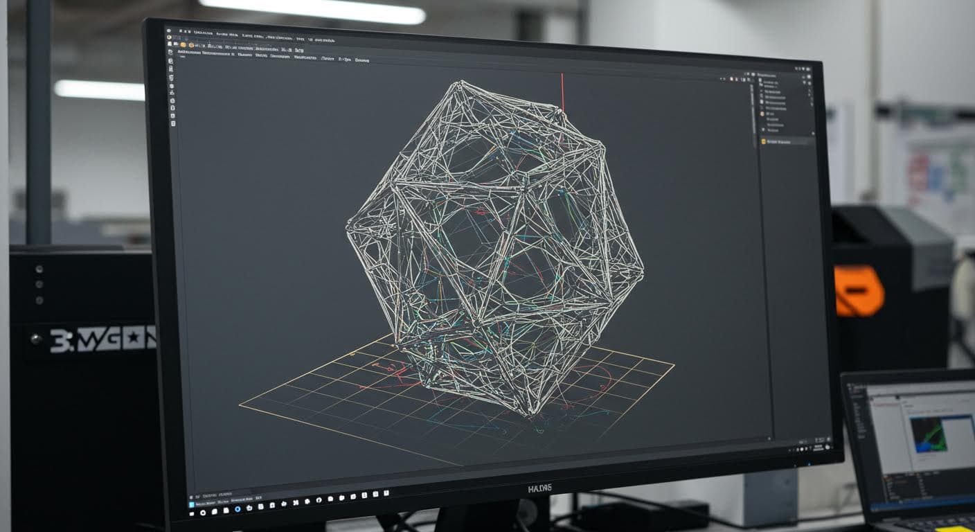 Detailreiches Bild eines 3D-CAD-Modells auf einem Computerbildschirm, zeigend geometrische Formen und Strukturen, ohne Beschriftungen oder Logos, in hoher Auflösung.