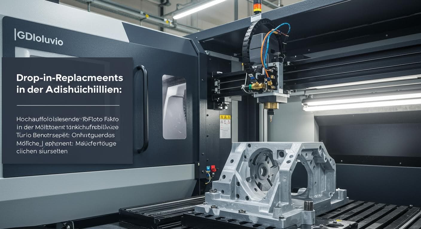 Hochauflösendes Foto eines industriellen 3D-Druckers in Betrieb, fokussiert auf den Druckkopf und das entstehende Bauteil, ohne jegliche Beschriftungen oder Logos