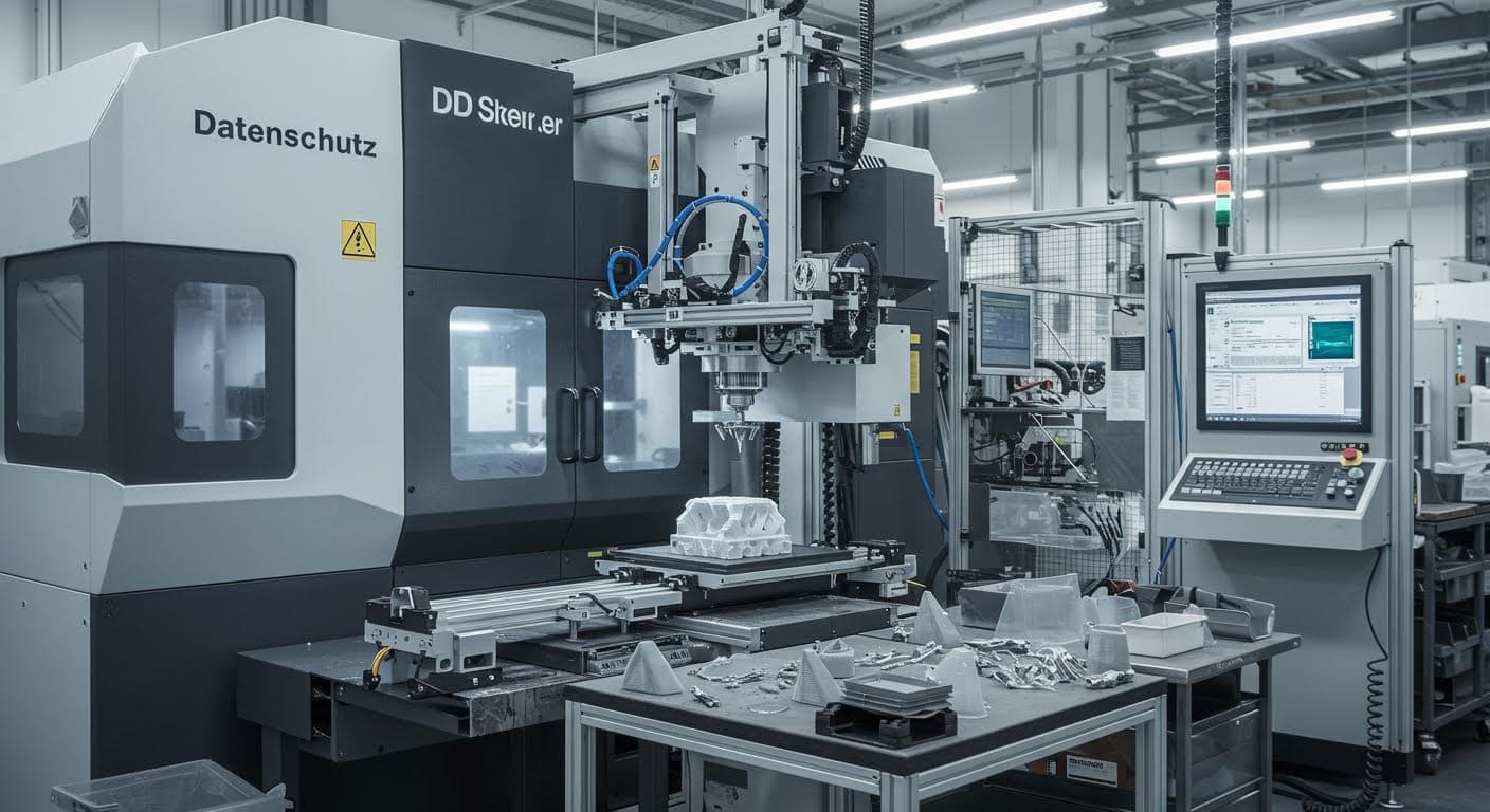 Industriefoto einer Fertigungsanlage mit integrierten 3D-gedruckten Komponenten, zeigend Maschinen und Teile in Bewegung, professionell beleuchtet, ohne Text.