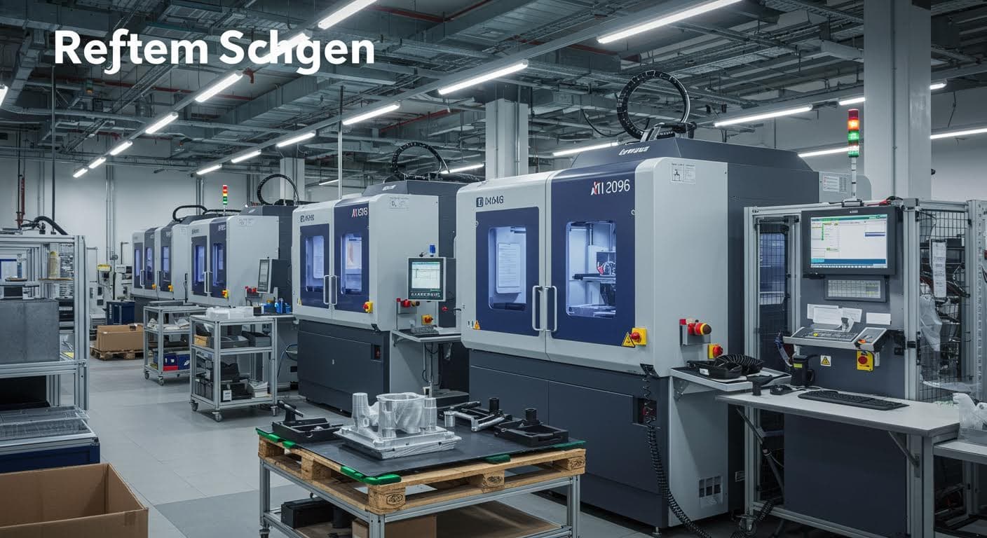 Professionelle Aufnahme einer Fertigungsanlage mit mehreren 3D-Druckern in einer Halle, betont Technologie und Workflow, ohne Text