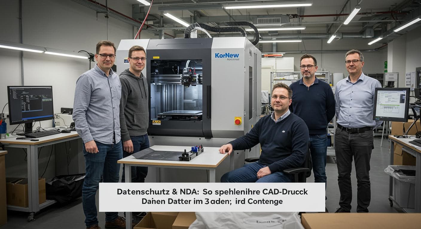Gruppenaufnahme eines Teams um ein 3D-Druck-Equipment, demonstrierend sichere Handhabung, mit Fokus auf Technologie und Zusammenarbeit, hochauflösend und textfrei.