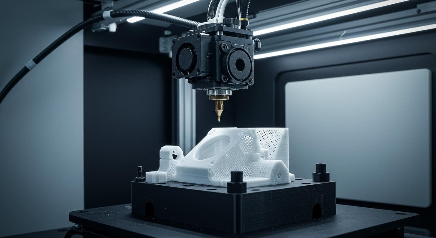Detailansicht eines 3D-gedruckten Prototypen unter Beleuchtung, die Maßgenauigkeit hervorhebt, magazin-taugliche Qualität ohne Labels