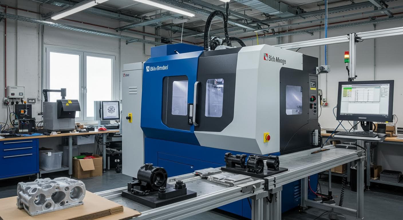 Visuelle Darstellung einer lokalen 3D-Druck-Produktionslinie in einer Werkstatt, mit Fokus auf Equipment und Ergebnisse, professionell ohne Beschriftungen