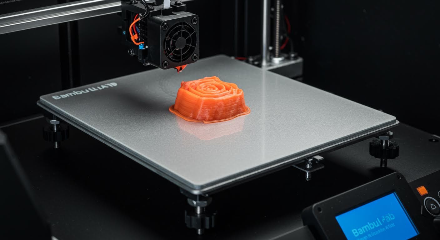 Close-up of a smooth PEI build plate on a Bambu Lab A1 printer with a freshly printed first layer in PLA filament, showing even adhesion without any text or labels.