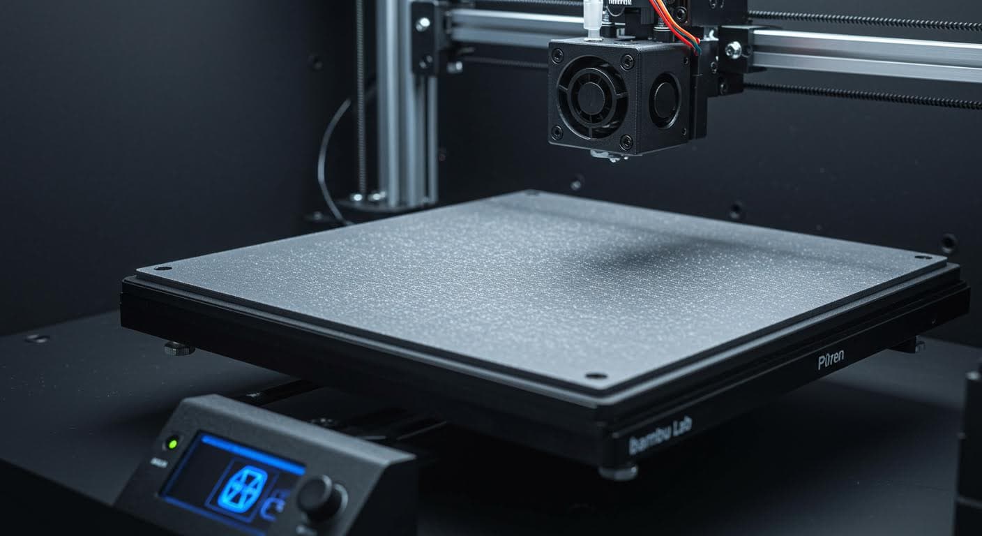 Textured PEI plate installed in a Bambu Lab X1 printer, highlighting the microstructured surface under bright lighting, pure visual without inscriptions.