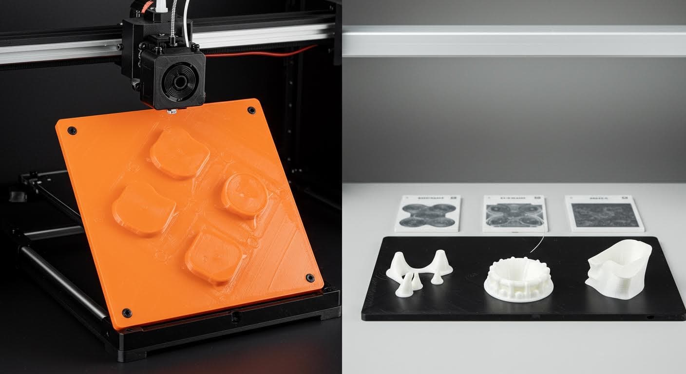 Side-by-side comparison of a smooth and textured PEI plate with printed samples, focusing on surface details and filament bonding, high-resolution industrial photo.