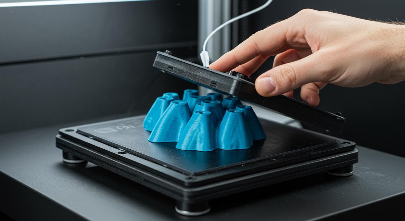 Completed 3D-printed object being removed from a PEI plate, emphasizing the clean release and bottom finish, magazine-quality image.