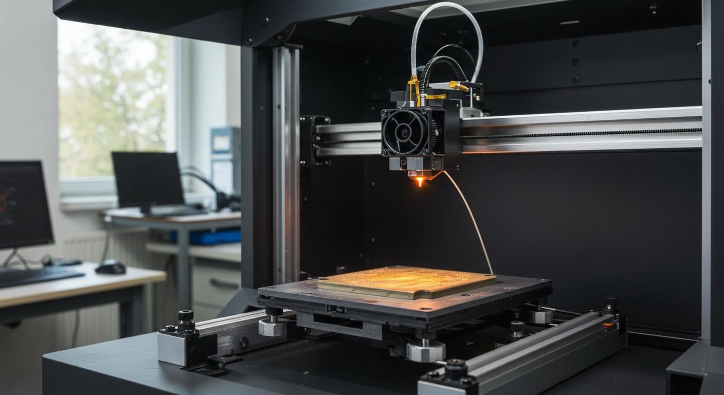 Hochauflösendes Foto eines 3D-Druckers in Betrieb, fokussiert auf das Druckbett und schmelzendes Filament, professionelle Industriefotografie ohne Text