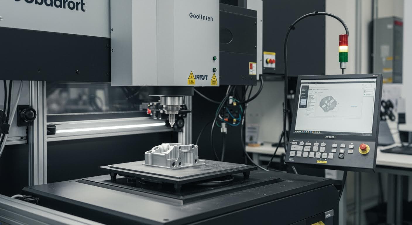 Präzises Messgerät bei der Überprüfung eines gedruckten Bauteils, Nahaufnahme der Sensoren und des Objekts, magazin-taugliche Qualität