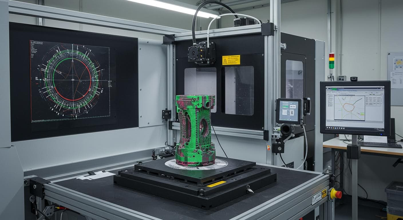 3D-Scan eines additiv gefertigten Objekts in einer Prüfumgebung, visuelle Darstellung der Scanstrahlen, ohne jegliche Beschriftungen