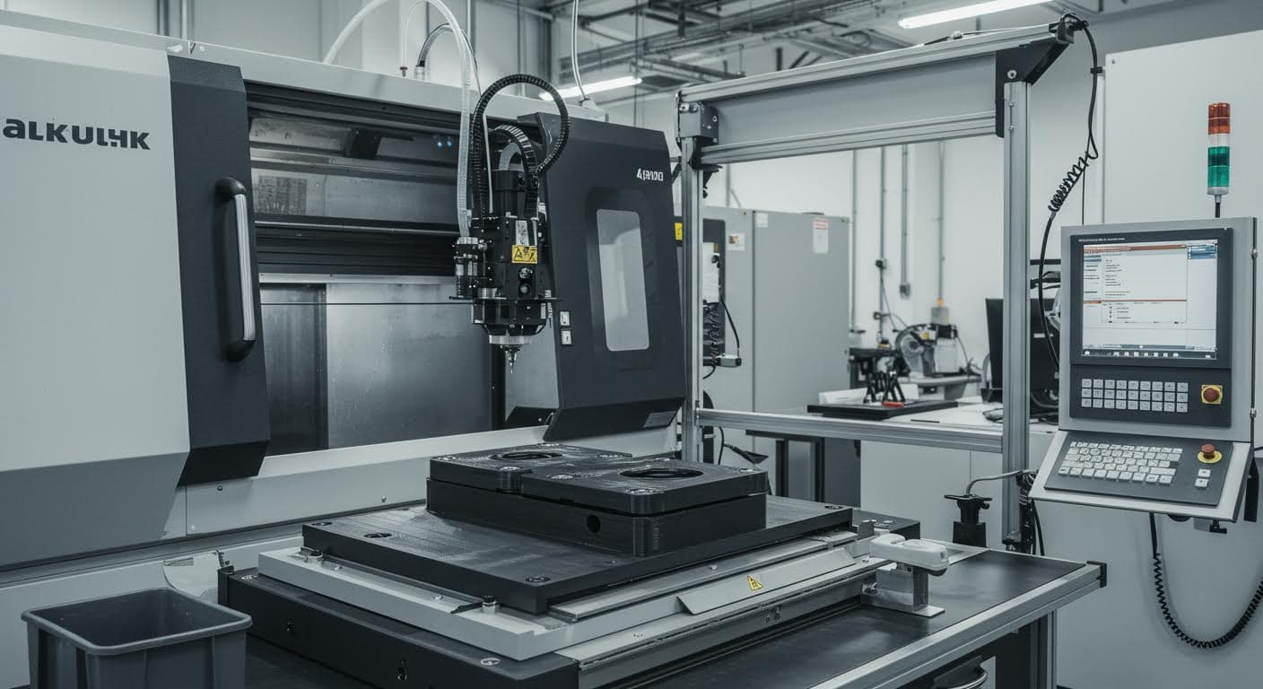 Hochauflösendes Foto eines 3D-gedruckten Montagehilfe-Werkzeugs in industrieller Fertigungsumgebung, reine visuelle Darstellung ohne Text oder Logos