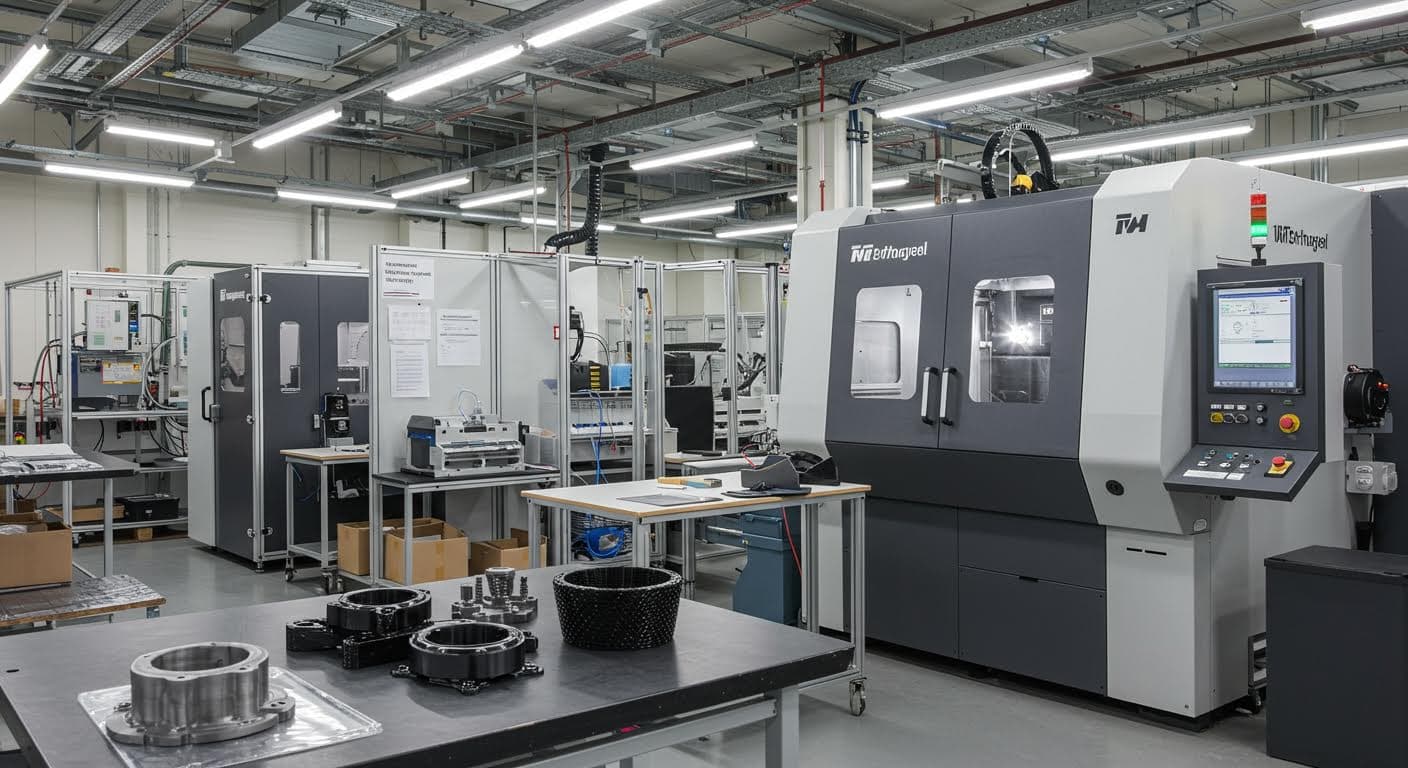 Serienproduktion von 3D-gedruckten Komponenten in einer Fabrikhalle, Fokus auf Maschinen und fertige Teile, hochauflösend