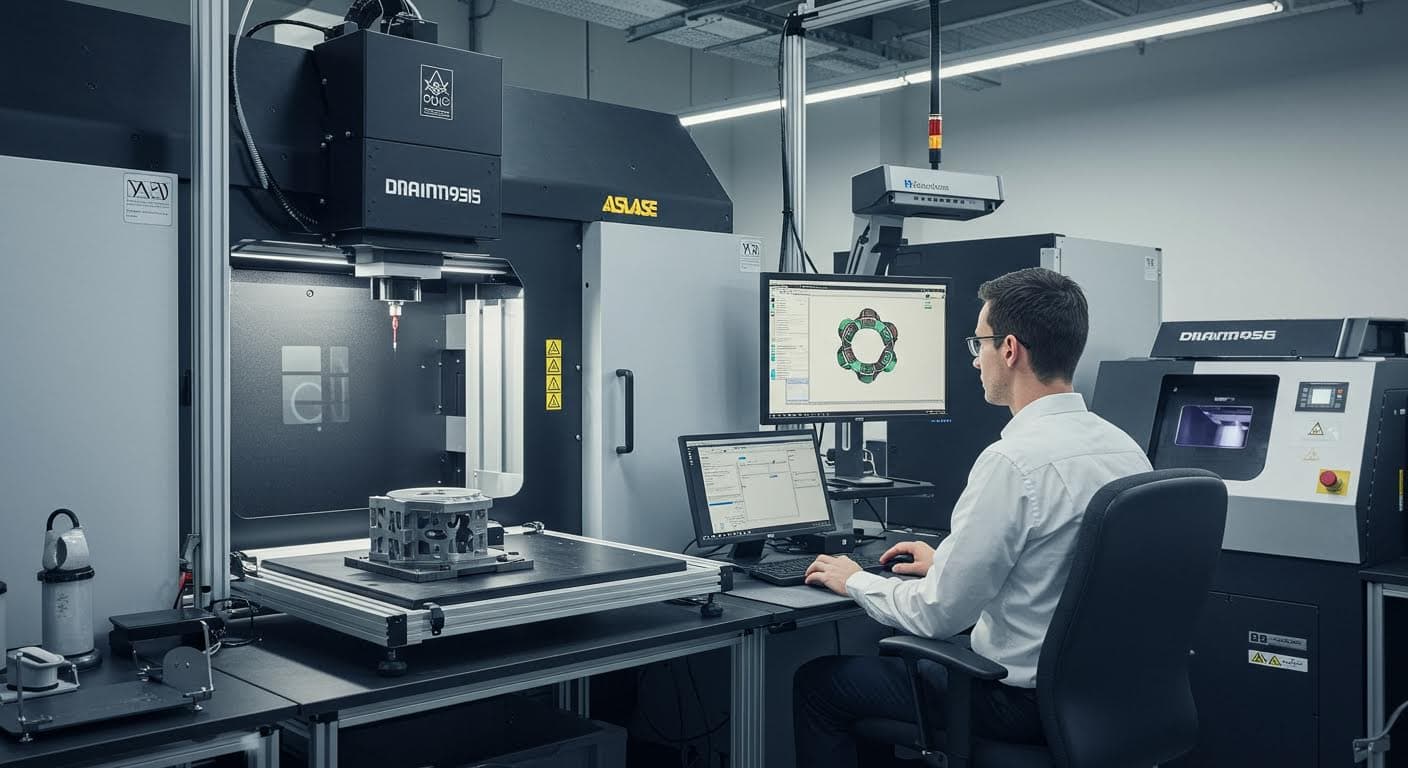 Digitale Messtechnik-Setup für Qualitätskontrolle, mit Bildschirmen und Scannern, reine Technologie-Darstellung ohne Logos